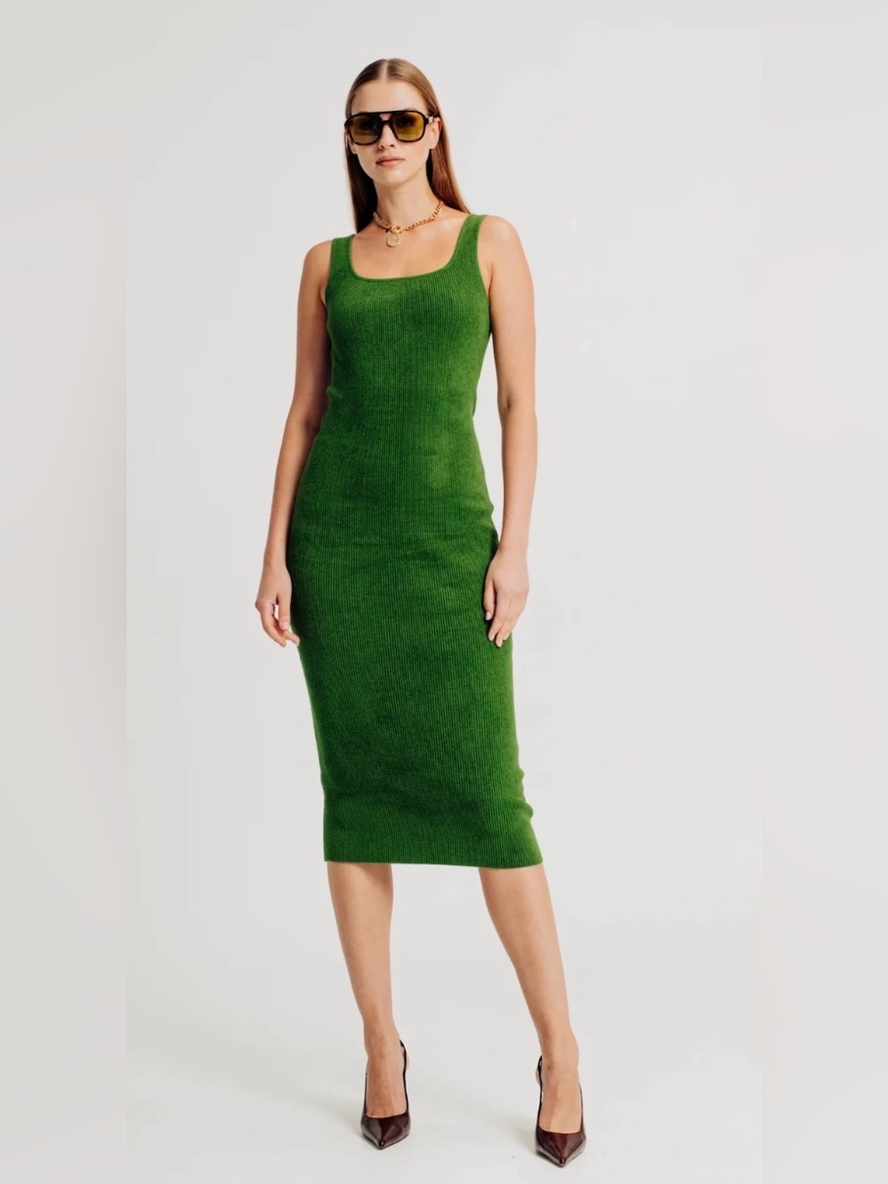 Torn by Ronny Kobo Emerald Green Ribbed Midi Tank Dress
